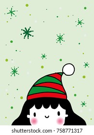 Kid wear Christmas hat in green and red colors. green background, snowflake, Hoilday card, Little girl, cute girl, Christmas girl, smile and happy hoilday.