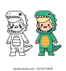 Kid Wear Dino Costume Vector Image, Boy Wear Dino T Rex Costume Vector Illustration, Coloring Page Dinosaur Kid Costume Vector Image.