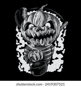 A Kid Wear An Evil Pumpkin Head with Fat Cloud Around Him in Black and White Illustration