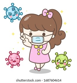 Kid Wear Face Mask Cartoon Beware Corona Virus Covid-19 Vector Illustration With Coronavirus Cell. Perfect For Explain Children About Virus And The Disease.Hand Drawing Or Instructional Media.