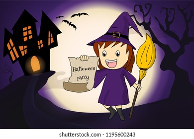 kid wear ghost or monster costume with Halloween party card then walk to castle. Concept for template of invitation card, poster or banner for Halloween in vector illustration