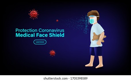 Kid Wear Medical Face Shield And Mask. Pandemic Flu Outbreak Coronavirus Or Covid-19 Protection Concept. Vector Illustration Design.