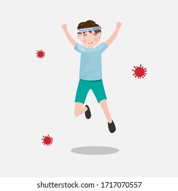 Kid Wear Medical Face Shield And Mask. Pandemic Flu Outbreak Coronavirus Or Covid-19 Protection Concept. Vector Illustration Design.