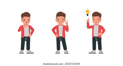 Conjunto de personajes de chaqueta roja para niños. Pensamiento corporal, análisis e idea diseño de Ilustración vectorial de procesos.