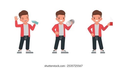 Kid wear red jacket character set. Boy lift dumbbell and drinking water vector illustration design.