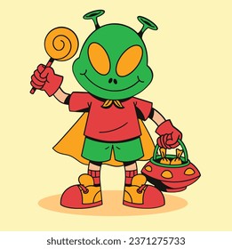 Niño usando máscara alienígena para engañar o tratar al personaje de la caricatura de la fiesta de halloween