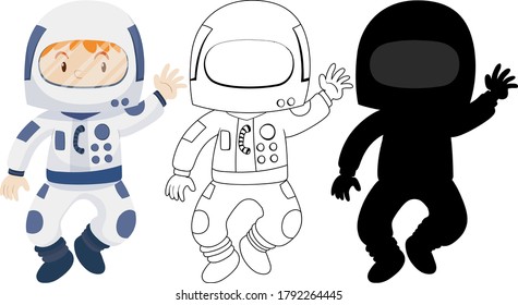 Kid wearing astronaut costume with its outline and silhouette illustration