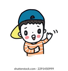 kid wearing cap show hand, cartoon drawing style illustration