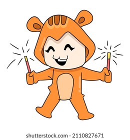 kid wearing cat costume holding fireworks, vector illustration art. doodle icon image kawaii.