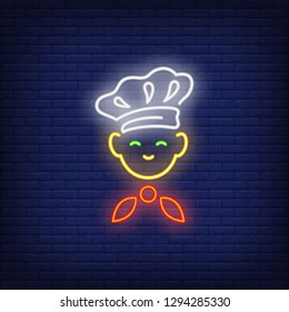 Kid Wearing Chief Cook Hat Neon Sign. Cooking, Restaurant Advertising Design. Night Bright Neon Sign, Colorful Billboard, Light Banner. Vector Illustration In Neon Style.