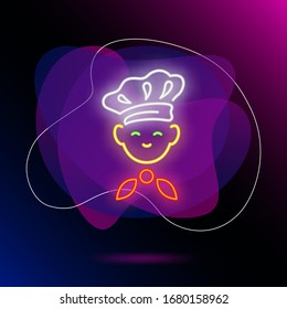 Kid wearing chief cook hat neon sign. Cooking, restaurant advertising design. Night bright neon sign, colorful billboard, light banner. Vector illustration in neon style.