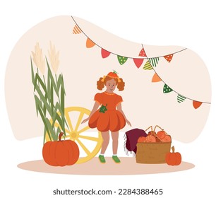 Kid wearing costume of pumpkin at harvest festival party flat vector illustration