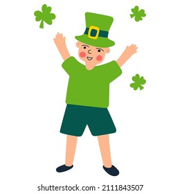 Kid wearing costume for St. Patrick's party. Hand drawn illustration on white background