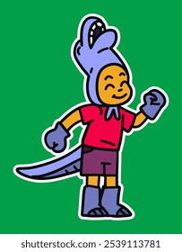Kid Wearing Dinosaur Costume Doodle Sticker Illustration
