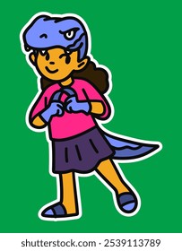 Kid Wearing Dinosaur Costume Doodle Sticker Illustration