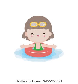 Kinder tragen Schwimmringe, Nette Kinder Cartoon Pool Party Charaktere, Kind verbringen Urlaub am Meer oder Schwimmbad auf weißem Hintergrund Vektorillustration