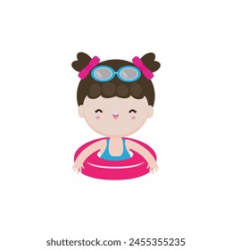 Kid wearing float rings, Cute Kids cartoon Pool party characters, child spending holidays in seaside or swimming pool on white background Vector illustration