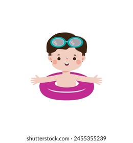 Niños usando anillos de flotador, Niños lindos dibujos animados Personajes de la fiesta de la piscina, niños que pasan las vacaciones en el mar o la piscina en la Ilustración vectorial de fondo blanco