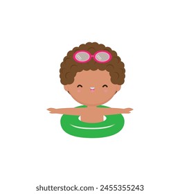 Kid wearing float rings, Cute Kids cartoon Pool party characters, child spending holidays in seaside or swimming pool on white background Vector illustration