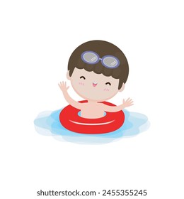 Niños usando anillos de flotador, Niños lindos dibujos animados Personajes de la fiesta de la piscina, niños que pasan las vacaciones en el mar o la piscina en la Ilustración vectorial de fondo blanco
