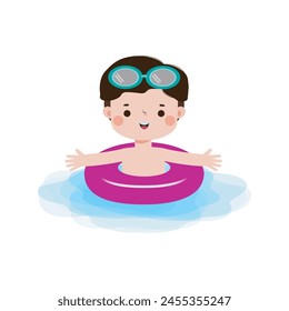 Niños usando anillos de flotador, Niños lindos dibujos animados Personajes de la fiesta de la piscina, niños que pasan las vacaciones en el mar o la piscina en la Ilustración vectorial de fondo blanco