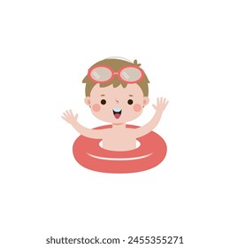Kinder tragen Schwimmringe, Nette Kinder Cartoon Pool Party Charaktere, Kind verbringen Urlaub am Meer oder Schwimmbad auf weißem Hintergrund Vektorillustration