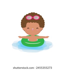 Niños usando anillos de flotador, Niños lindos dibujos animados Personajes de la fiesta de la piscina, niños que pasan las vacaciones en el mar o la piscina en la Ilustración vectorial de fondo blanco