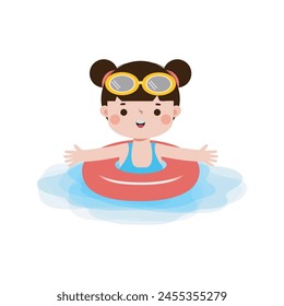 Kid wearing float rings, Cute Kids cartoon Pool party characters, child spending holidays in seaside or swimming pool on white background Vector illustration