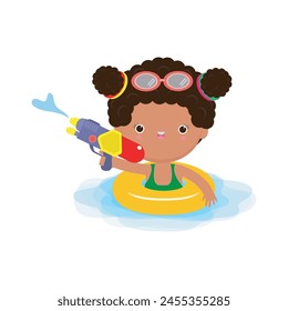 Kinder tragen Schwimmringe, Nette Kinder Cartoon Pool Party Charaktere, Kind verbringen Urlaub am Meer oder Schwimmbad auf weißem Hintergrund Vektorillustration