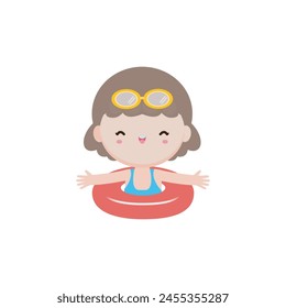 Kid wearing float rings, Cute Kids cartoon Pool party characters, child spending holidays in seaside or swimming pool on white background Vector illustration