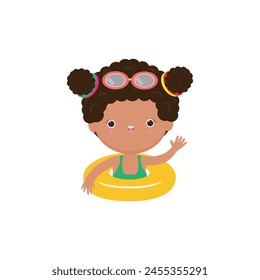 Kid wearing float rings, Cute Kids cartoon Pool party characters, child spending holidays in seaside or swimming pool on white background Vector illustration