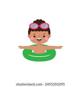 Niños usando anillos de flotador, Niños lindos dibujos animados Personajes de la fiesta de la piscina, niños que pasan las vacaciones en el mar o la piscina en la Ilustración vectorial de fondo blanco
