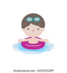 Kid wearing float rings, Cute Kids cartoon Pool party characters, child spending holidays in seaside or swimming pool on white background Vector illustration