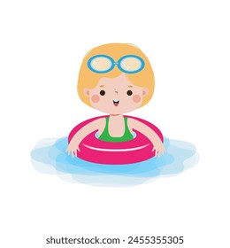 Kid wearing float rings, Cute Kids cartoon Pool party characters, child spending holidays in seaside or swimming pool on white background Vector illustration