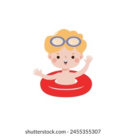 Niños usando anillos de flotador, Niños lindos dibujos animados Personajes de la fiesta de la piscina, niños que pasan las vacaciones en el mar o la piscina en la Ilustración vectorial de fondo blanco
