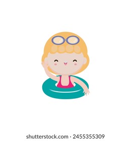 Niños usando anillos de flotador, Niños lindos dibujos animados Personajes de la fiesta de la piscina, niños que pasan las vacaciones en el mar o la piscina en la Ilustración vectorial de fondo blanco