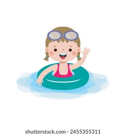 Kinder tragen Schwimmringe, Nette Kinder Cartoon Pool Party Charaktere, Kind verbringen Urlaub am Meer oder Schwimmbad auf weißem Hintergrund Vektorillustration