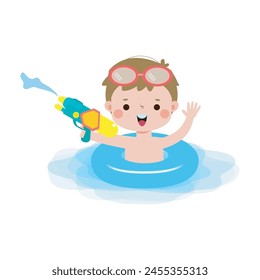 Niños usando anillos de flotador, Niños lindos dibujos animados Personajes de la fiesta de la piscina, niños que pasan las vacaciones en el mar o la piscina en la Ilustración vectorial de fondo blanco