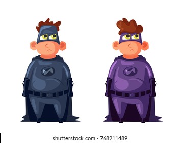 Kid wearing funny costume superhero. Cartoon vector illustration