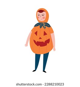 Kid wearing funny halloween costume of pumpkin flat vector illustration
