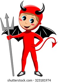 Kid wearing halloween devil costume isolated