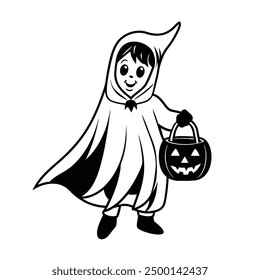 Kid Wearing Halloween Ghost Costume Holding Pumpkin Basket Vector Illustration