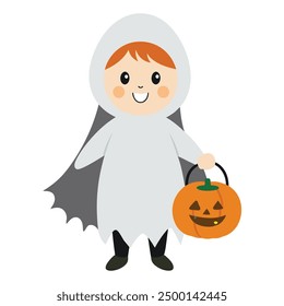 Kid Wearing Halloween Ghost Costume Holding Pumpkin Basket Vector Illustration