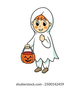 Kid Wearing Halloween Ghost Costume Holding Pumpkin Basket Vector Illustration