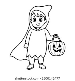 Kid Wearing Halloween Ghost Costume Holding Pumpkin Basket Vector Illustration