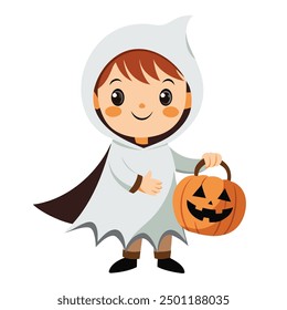 Kid Wearing Halloween Ghost Costume Holding Pumpkin Basket Vector Illustration