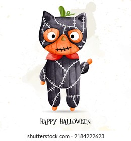 kid wearing Halloween pumpkin cartoon. Happy Halloween, watercolor vector illustration
