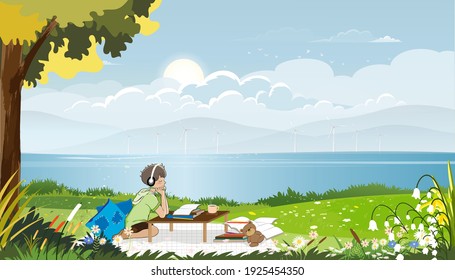 Kid wearing headphones listening to music while doing school homework.Vector illustration cartoon Child boy sitting in green field by the lake in sunny day on spring or summer,World book day 