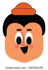 A kid wearing a orange colored hat with big round eyes, cute face open mouth, vector, color drawing or illustration. 