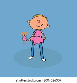 Kid wearing a pink dress and playing with a doll, transgender kid illustration for comics, kid's book and children's book vector.